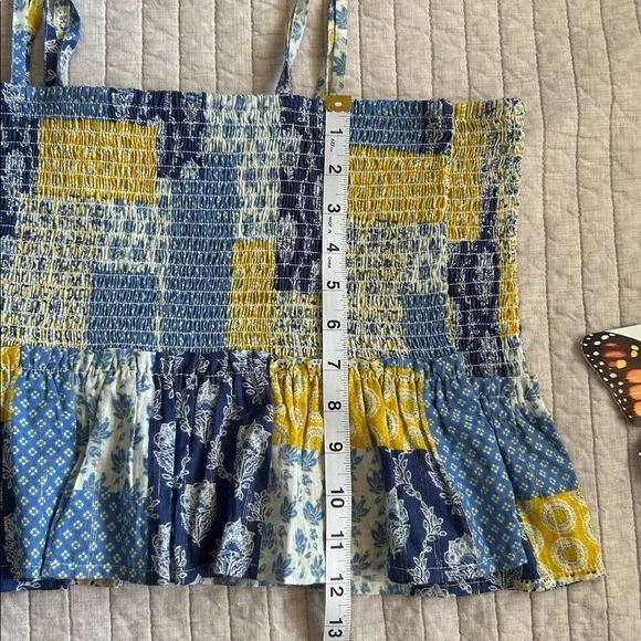 Natural life blue yellow boho floral patchwork smocked ruffle hem tops L XL - Picture 8 of 13